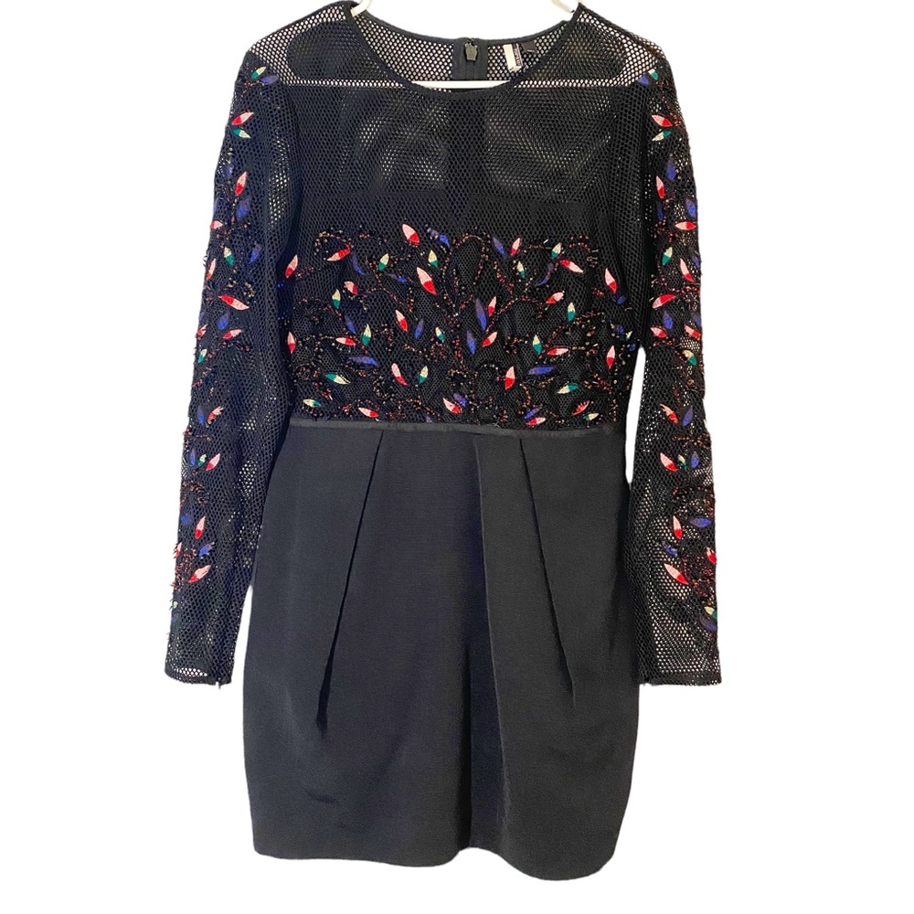 Topshop Dress Black with Mesh & Beaded Detailing Long Sleeve Womens Size 8